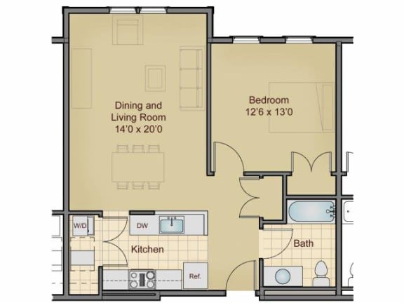 Taymil Burnham 1 Bedroom 1 Bathroom Floor Plan